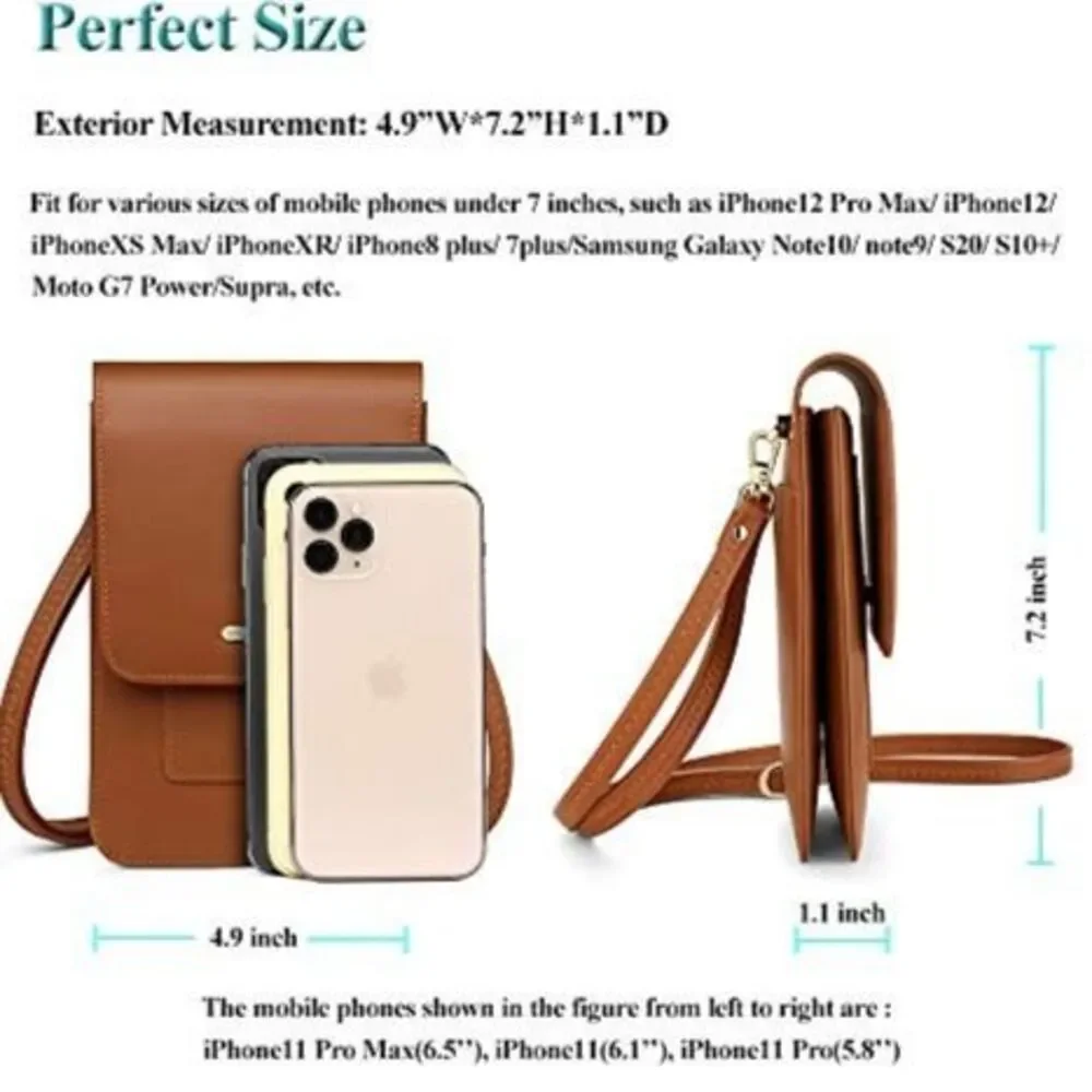 Women's Vegan Leather Carmel Brown Cell Phone Crossbody Bag With RIFD Protection - Picture 4 of 6